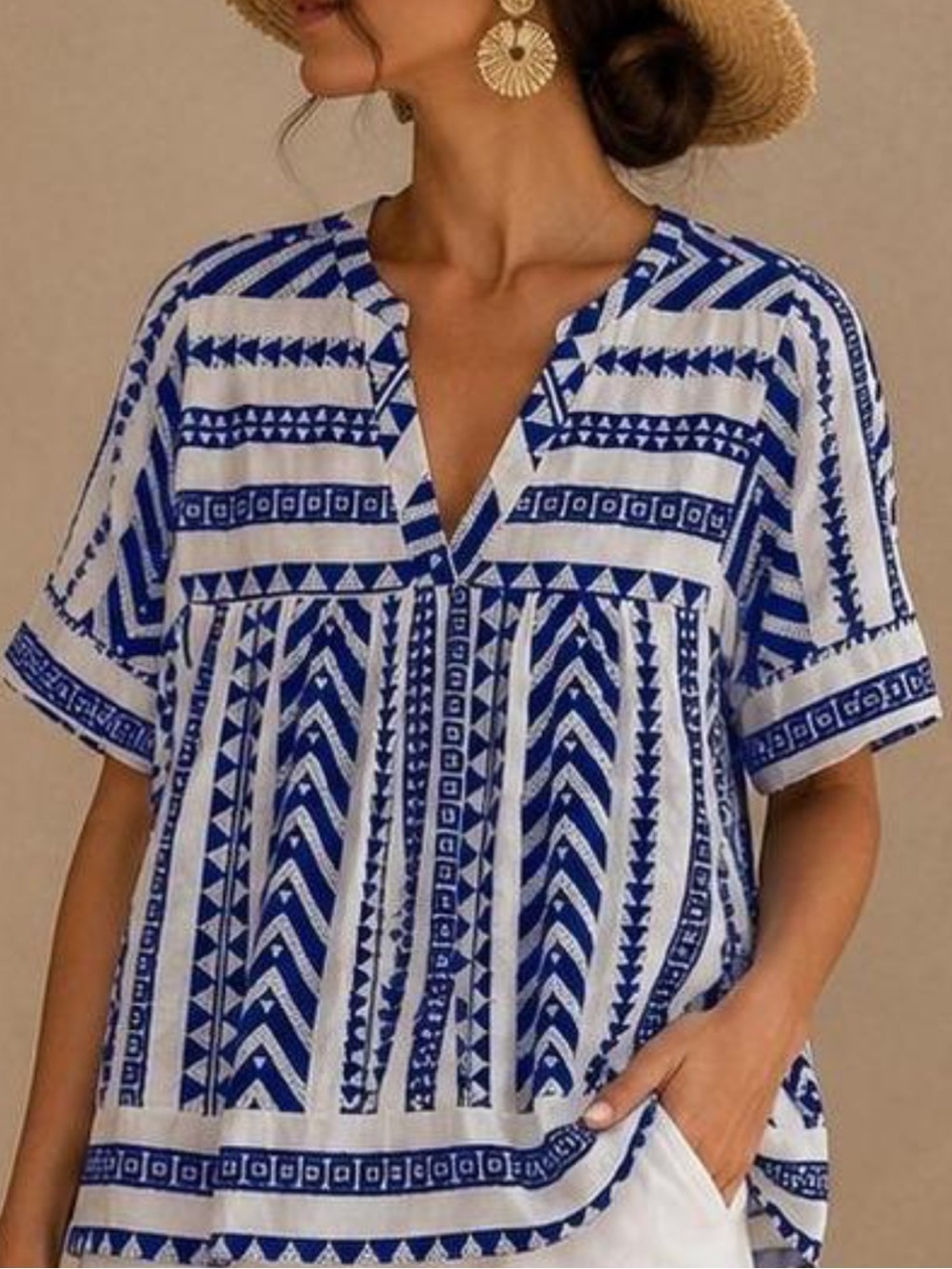 Old Navy Blue & White Printed Aztec V-Neck Tunic Blouse Top Nautical Woman L